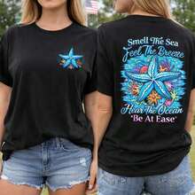 1 unidad Plus Tamaño Mujeres Algodón Corto Manga Camiseta S-5XL Olor El Mar Sentir El Brisa Estrella de mar Gráfico Imprimir, Frente Pequeño Estrella de mar Diseño, Atrás Océano Temático Arte Informal Suelto Ajuste Verano Playa Vacaciones Superior, Suave Cómodo Camisetas Benito Tazón, Grande Juego, Fútbol Rápido Envío! Camiseta estampada de manga corta, casual y elegante para hombre. Ropa de verano fresca para mujer. - Negro - Ver 1