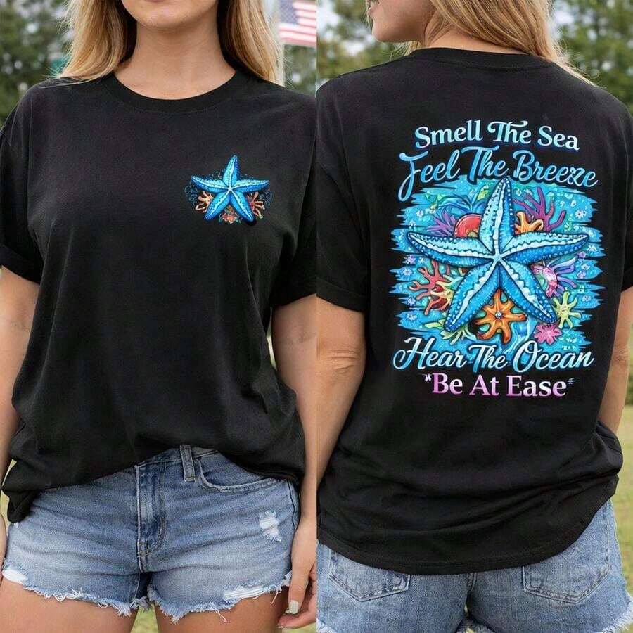 1 unidad Plus Tamaño Mujeres Algodón Corto Manga Camiseta S-5XL Olor El Mar Sentir El Brisa Estrella de mar Gráfico Imprimir, Frente Pequeño Estrella de mar Diseño, Atrás Océano Temático Arte Informal Suelto Ajuste Verano Playa Vacaciones Superior, Suave Cómodo Camisetas Benito Tazón, Grande Juego, Fútbol Rápido Envío! Camiseta estampada de manga corta, casual y elegante para hombre. Ropa de verano fresca para mujer. - Negro - Ver 1