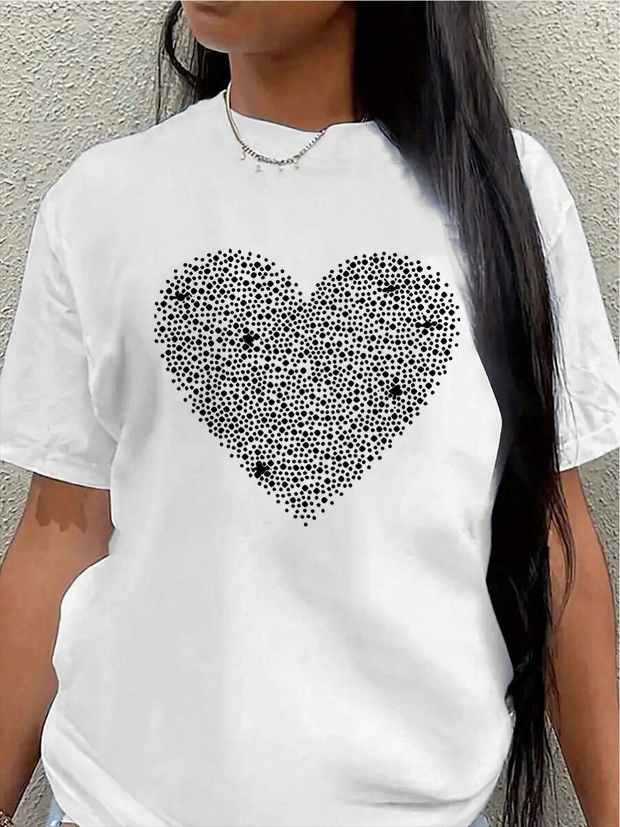 This Lightweight And Durable Short-Sleeved T-Shirt, Featuring A Sparkly Heart Design, Is Perfect For Home, Cafes, Or Outdoor Leisure Activities, Offering A Comfortable Everyday Wearing Experience. - 白色 - 查看 1