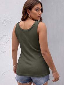 Pure Cotton Tank Top With Ribbed Design In The Middle, Knitted Fabric With Buttons. - Army Green - View 3