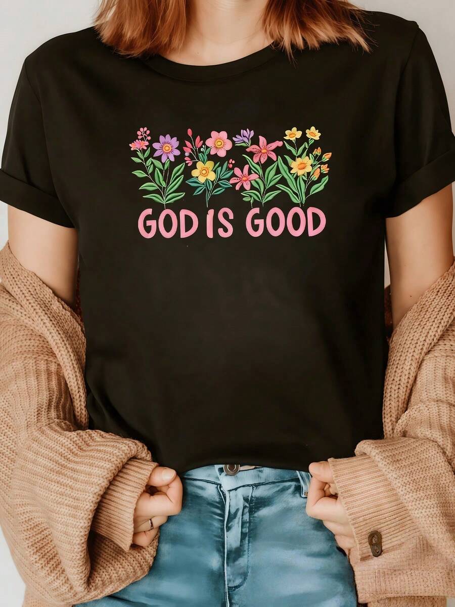 An Inspirational Phrase Expressing Faith And Hope, Surrounded By Colorful Flowers Symbolizing Joy And Gratitude. A Comfortable, Casual Women's T-Shirt, Ideal For Everyday Wear. - 黑色 - 查看 1