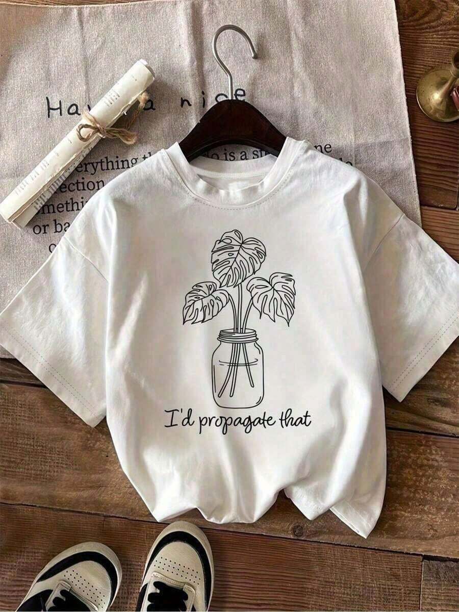 1 pieza de camiseta 100% algodón para amantes de las plantas con la frase "I'd Propagate That" - Camiseta blanca con diseño de hoja de monstera y estación de propagación, transpirable, de corte holgado, manga corta y cuello redondo, para entusiastas de la jardinería interior, top casual para todas las estaciones, 180g 100% algodón. - Blanco - Ver 1