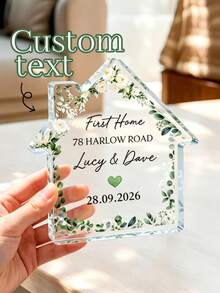 1pc Custom Eucalyptus Floral First Home Clear Acrylic Plaque, Personalized Name Address Date House Stand, Housewarming Closing Gift For Couple New Homeowners, Wedding/Anniversary Desk Decor Keepsake - Multicolor - View 7