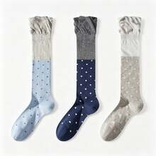 3 Pairs Polka Dot Patchwork Crew Socks, Skin-Friendly Breathable Fabric, Ruffle Trim, Letter Embroidery Design, Korean Style Contrast Color Crew Socks, Soft & Elastic, Slimming & Leg Lengthening, Versatile For Work, School, Daily Wear - Multicolor - View 6