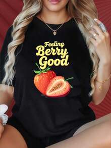 Camiseta casual para mujer con cuello redondo y mangas cortas, con interesantes estampados. Camiseta con Estampado de Fresas "Feeling Berry Good" para Mujer, Top Casual de Verano, Camiseta Linda con Estampado de Frutas, Adecuada para Fiestas de Navidad, Actividades Deportivas, Fiestas de Vacaciones, Salidas, Deportes y Otros Regalos Festivos (220g). 100% Algodón, Duradera. - Negro - Ver 7