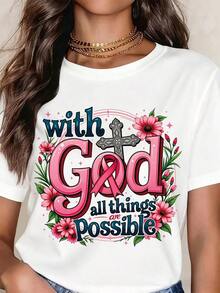 Camiseta genial informal blanca con diseño de cruz y flores y la frase "Con Dios todas las cosas son posibles", un mensaje de fe religiosa cristiana para Pascua y Navidad. - Blanco - Ver 1
