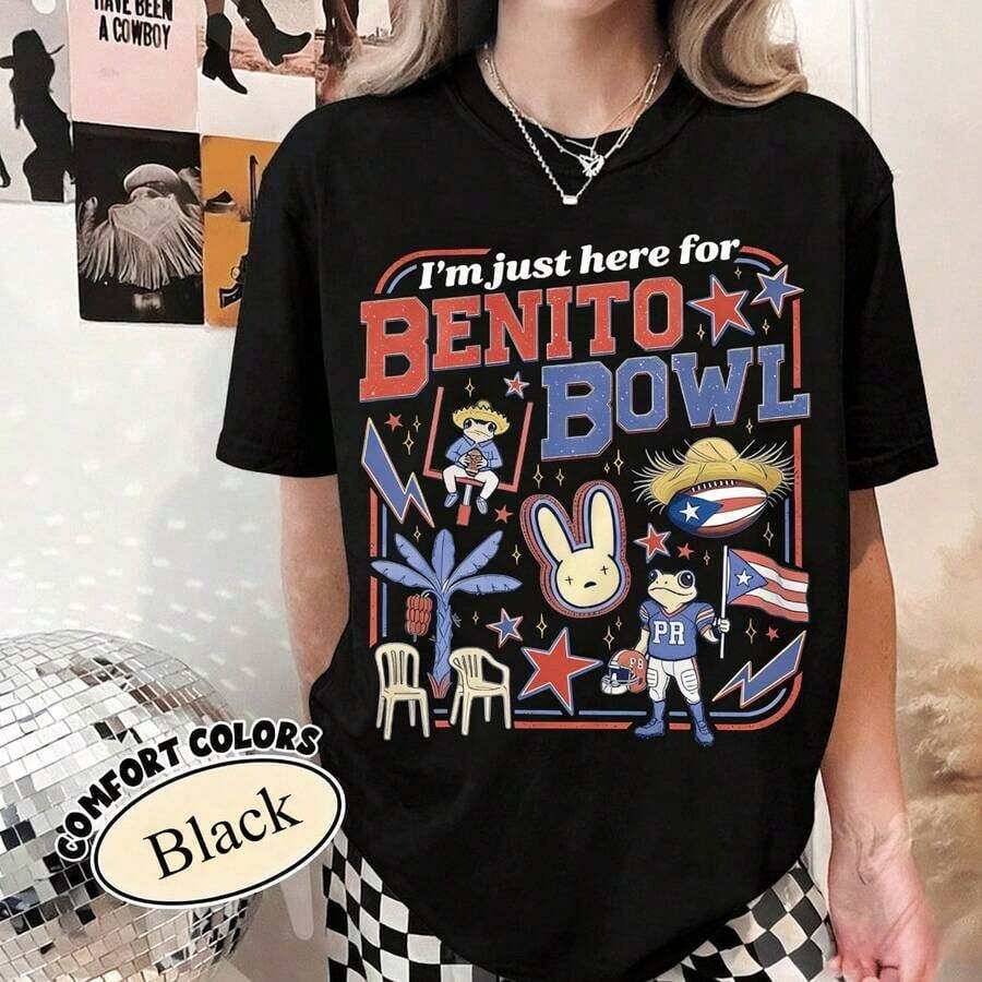 Camiseta Benito Bowl, Camiseta Divertida con Gráficos para Fanáticos del Fútbol, Camiseta para el Show del Entretiempo, Camisetas para Fanáticos del Gran Partido, Camiseta de Cuello Redondo para Mujer 100% Algodón, Camiseta para Mujer - Negro - Ver 1