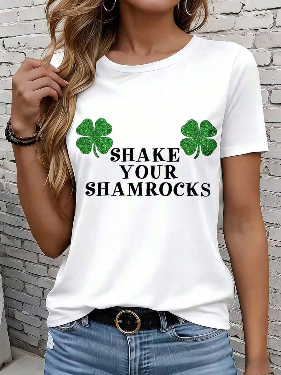 Camiseta Casual Estilo Casual para Mujer con Texto "Shake Your Shamrocks" y Diseño de Trébol Verde para la Celebración del Día de San Patricio, Regalo Perfecto para Amigos y Familiares, 220g, 100% Algodón, Resistente - Blanco - Ver 1
