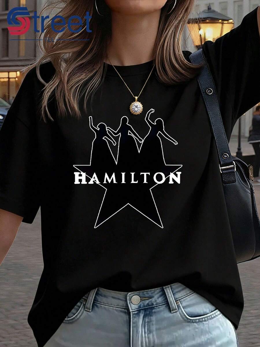 Women's Short-Sleeved T-Shirt, Y2K Style, Casual, For Summer Vacation, Spring/Summer Fashion, Sexy, Sweet, Slimming, Hamilton Musical Themed. Niche Culture Style, Casual, Short-Sleeved, Simple, Classic, Versatile, Elegant, Essential For Summer Parties. - 黑色 - 查看 1