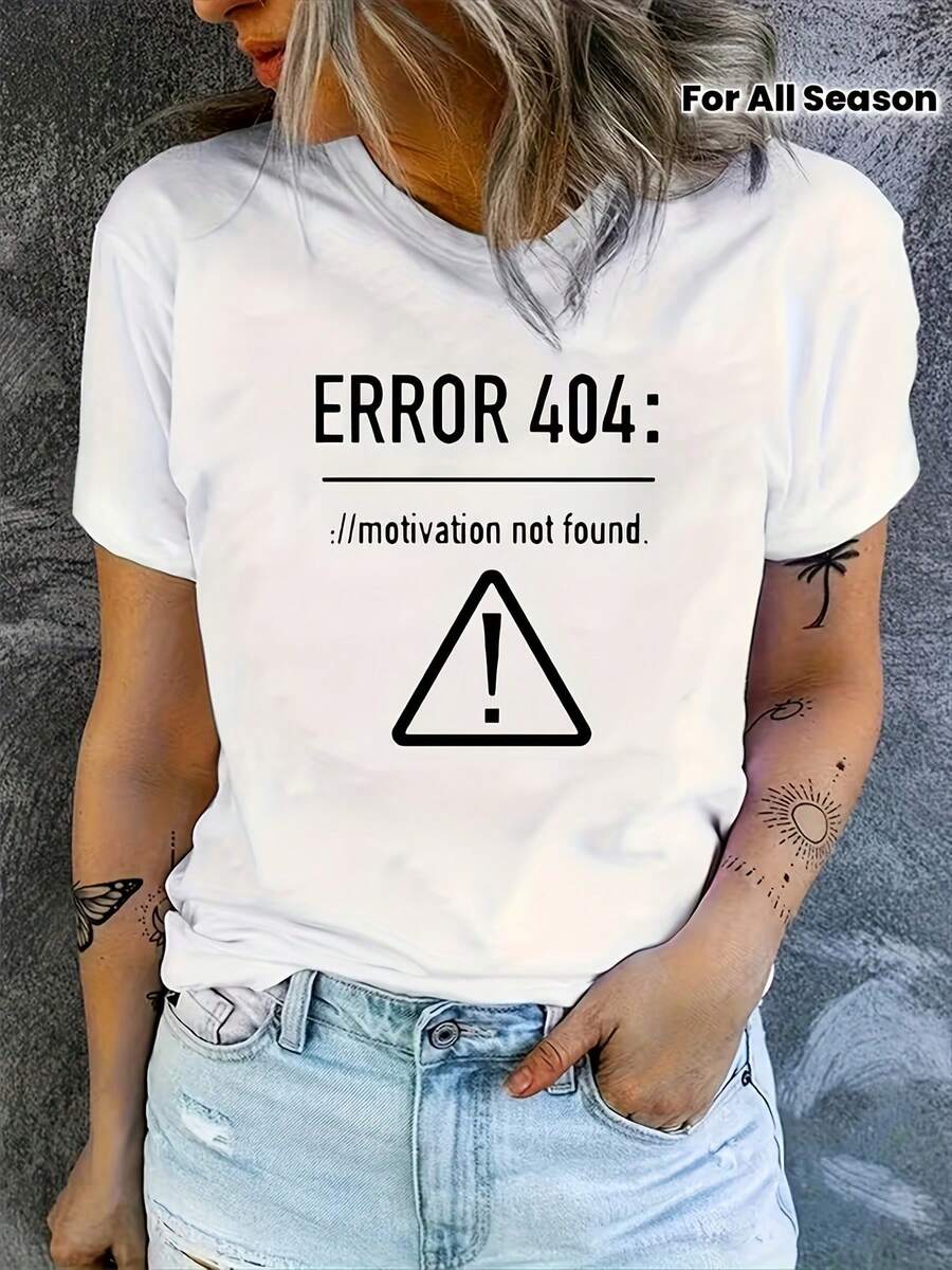 Lightweight, Breathable, And Loose-Fitting Women's Clothing, Spring/Summer, Error 404: Design Image Not Found On The T-Shirt, Round Neck, Short Sleeve, Fashionable Casual Top, Elegant Party Outfit, Loose Fit, Holiday Gift, Fun Design, Daily Wear, Loungewear, Spring/Autumn Sets That Can Be Layered. - 白色 - 查看 1