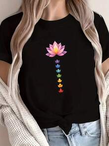 Cozy Comfy Lounge, camiseta cómoda de una pieza para mujer, primavera/verano, estampada con motivos de loto y siete chakras, elegante para fiestas, regalo de vacaciones, ropa suave y relajada para el hogar. - Negro - Ver 11