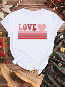 1 Women's Valentine Print T-Shirt - Black With Red Roses And Hearts Print, Casual Short Sleeve Crew Neck Top, Machine Washable, Comfortable For All Seasons, Romantic Outfit, Best Gift For Her, 180g 100% Cotton. - 白色 - 查看 1