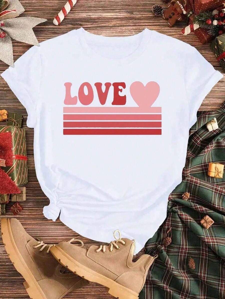 1 Women's Valentine Print T-Shirt - Black With Red Roses And Hearts Print, Casual Short Sleeve Crew Neck Top, Machine Washable, Comfortable For All Seasons, Romantic Outfit, Best Gift For Her, 180g 100% Cotton. - 白色 - 查看 1
