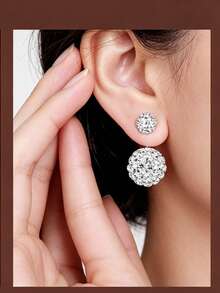 2pcs Shamballa Fully Paved Crystal Ball Drop Earrings, Suitable For Women Daily Wear - Silver - View 4