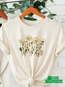 1 camiseta de mujer con cuello redondo, estampado de letras y anime, de diseño sencillo, cómoda y transpirable, adecuada para uso casual diario y versátil, que muestra un estilo natural y elegante, imprescindible para fiestas de verano, envío local. Diseño de tallo y hoja de margarita, 180g, 100% algodón. - Blanco - Ver 7