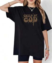 High-Quality Plus Size T-Shirts, Women's "Child Of God Sparkle" Print T-Shirts, Cotton T-Shirts, Crew Neck, Pure Cotton White T-Shirts, Versatile Unisex Items, Crew Neck, 100% Cotton, Soft Fabric, Short Sleeve - 黑色 2 - 查看 1