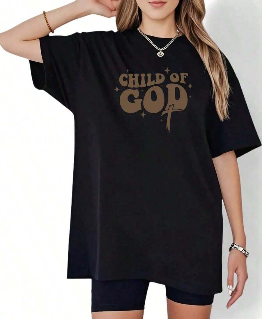 High-Quality Plus Size T-Shirts, Women's "Child Of God Sparkle" Print T-Shirts, Cotton T-Shirts, Crew Neck, Pure Cotton White T-Shirts, Versatile Unisex Items, Crew Neck, 100% Cotton, Soft Fabric, Short Sleeve - 黑色 2 - 查看 1