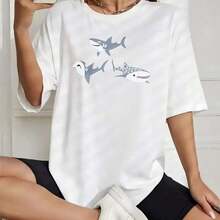 ropa de mujer Camiseta de algodón estampada estilo coreano de verano para mujer, diseño con estampado de tiburón, camiseta de manga corta con cuello redondo, top para damas, camisas de mujer - Blanco - Ver 6