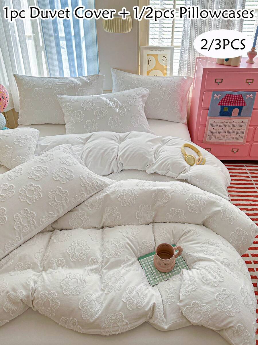 Bộ ga trải giường 2/3 món màu trắng họa tiết hoa, phong cách tối giản, chất liệu polyester, phù hợp cho mọi mùa, kiểu dáng nhà nông thôn, thích hợp cho phòng khách, phòng ngủ, ký túc xá (1 ga trải giường + 1/2 vỏ gối, không bao gồm ruột gối), có thể giặt máy, mềm mại và thoáng khí, phù hợp với giường đơn/đôi/nữ hoàng/vua.