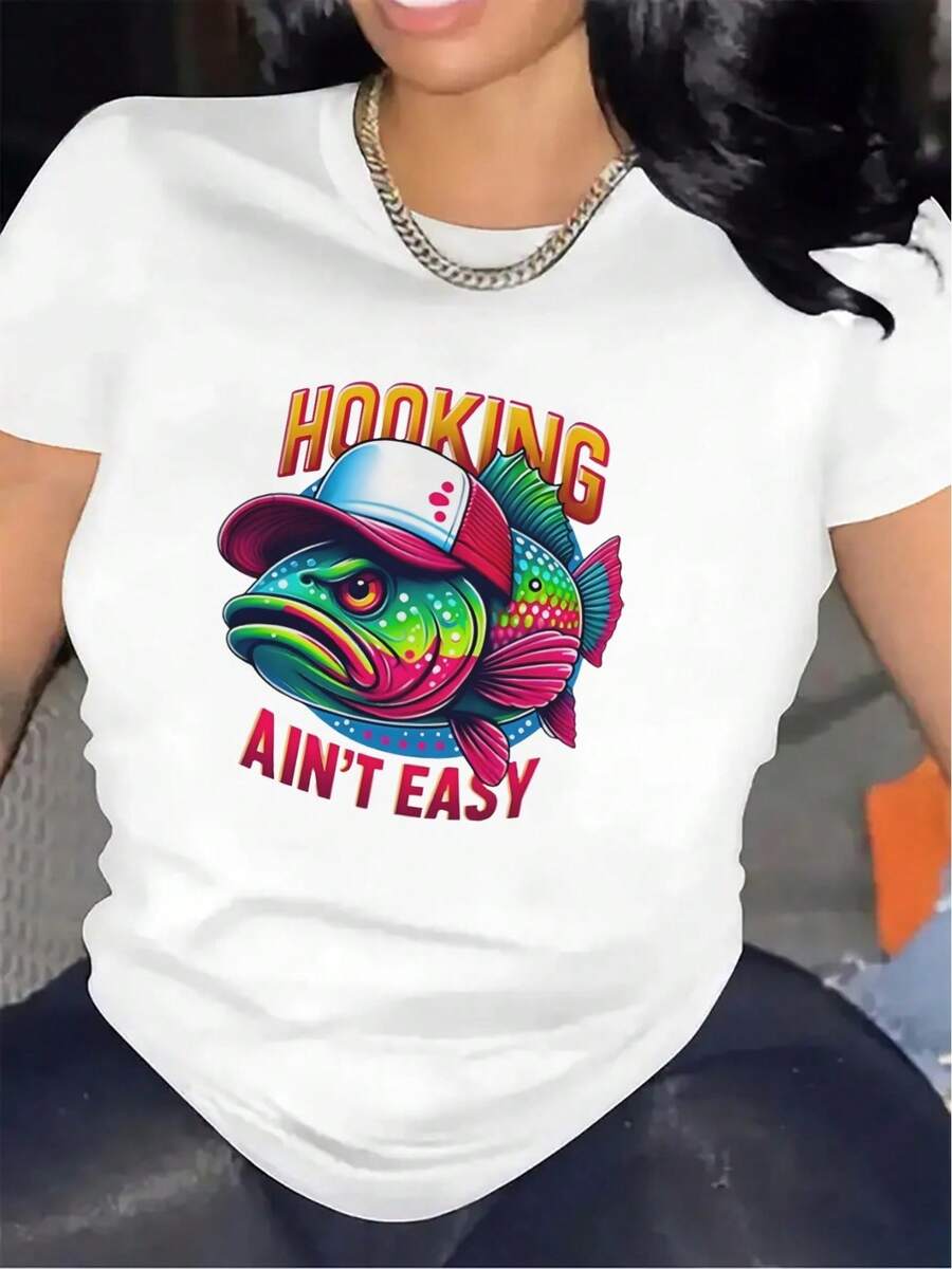 Camiseta de manga corta para mujer, ideal para amantes de la pesca, con un colorido estampado de peces. El diseño no es fácil de reproducir y está confeccionada con tela resistente, lo que la hace perfecta para actividades al aire libre, descanso en casa o uso en restaurantes. - Blanco - Ver 1