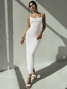 Elegante vestido largo ajustado con escote drapeado de tirantes tipo espagueti, con detalle de pliegues y abertura, de color azul, ideal para citas, bodas, primavera/verano - Blanco - Ver 3