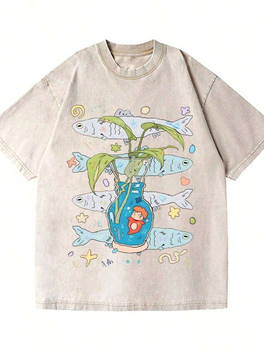 Camiseta Vintage Studio Ponyo, Gráfico Retro de Anime con Pez Dorado y Planta en Jarrón, Camiseta de Algodón Suave para Fans de Hayao Miyazaki y Salidas Casuales. Camiseta 100% Algodón Lavado Vintage de 230 g/m², Estilo Urbano de Verano, Camiseta Estampada Casual, Ideal para Salidas Diarias y Regalos de Vacaciones. - Blanco - Ver 1