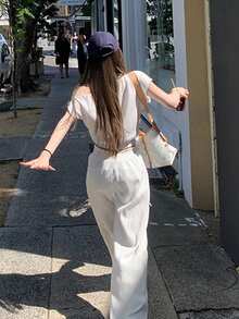 女士纯色不对称领休闲T恤 白色 夏季 - 白色 - 查看 3