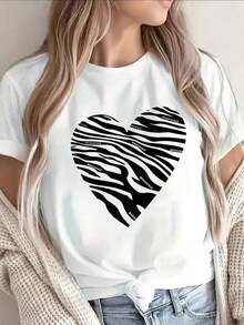 Women's Lightweight And Durable Zebra Heart Print Short-Sleeve T-Shirt, Perfect For Lounging At Home, Going To Cafes, Or Casual Outings. Features A Soft Fabric And Eye-Catching Striped Design. 100% Cotton Crew Neck, Soft, Breathable, And Cool Short Sleeves. Vintage Street Style Unisex Cotton Short Sleeve Crew Neck T-Shirt - 白色的 - 查看 6