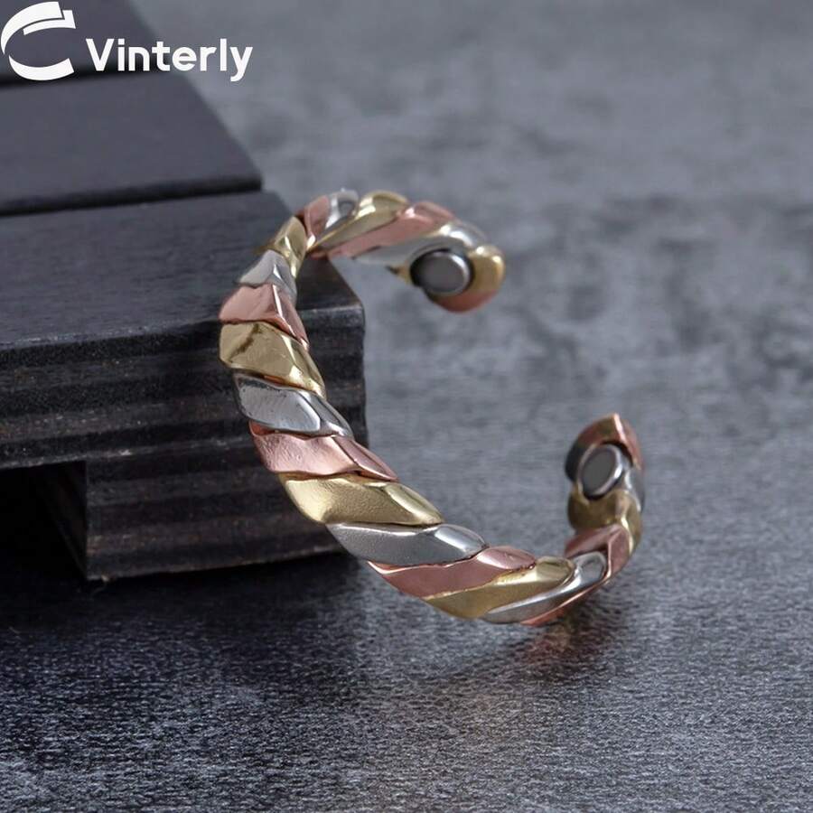 Vinterly Nhẫn xoắn điều chỉnh được dành cho nữ, biểu tượng sức khỏe, năng lượng, nam châm hình hoa hồng, rộng 5mm, kiểu nhẫn hở, nhẫn cưới, trang sức nam châm. - màu nâu - Xem 1