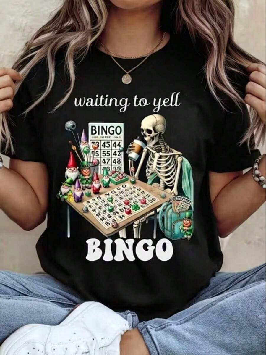Women's Casual Everyday T-Shirt With Skeleton And Gnomes Playing Bingo Print, Casual T-Shirt Suitable For Daily Leisure - Unisex Vintage Urban Style, Loose Fit Short Sleeve Cotton T-Shirt With Round Neck, 100% Pure Cotton - 黑色 - 查看 1