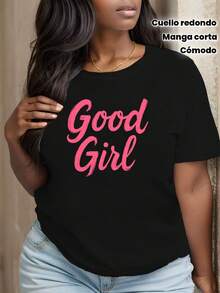 Good Girl Women's Casual T-Shirt [Everyday Comfort] - Short Sleeve, Round Neck, Polyester, Black With Pink Letters, Machine Washable - 黑色 - 查看 1