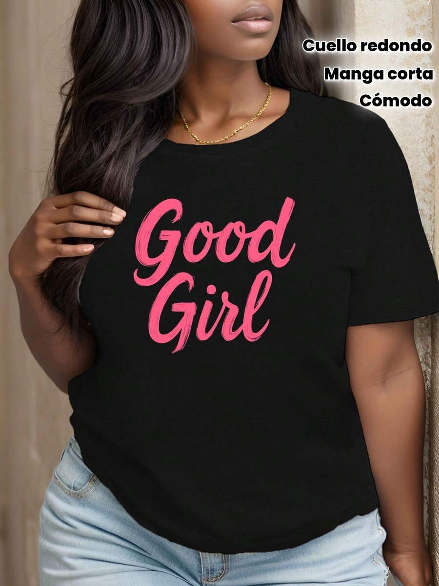 Good Girl Women's Casual T-Shirt [Everyday Comfort] - Short Sleeve, Round Neck, Polyester, Black With Pink Letters, Machine Washable - 黑色 - 查看 1