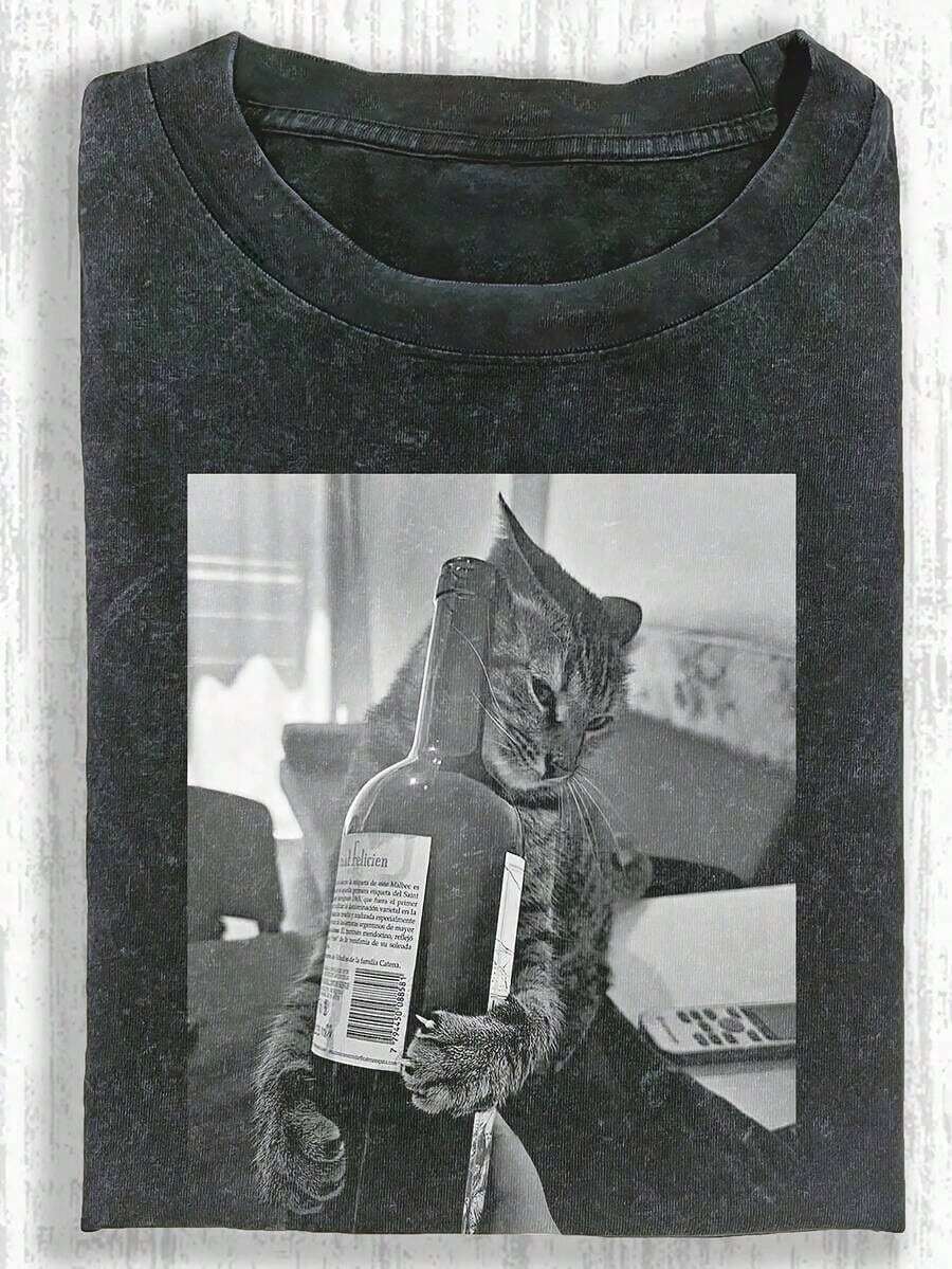 1 Piece Funny Graphic T-Shirt With Cat Design, Men's Cotton T-Shirt, 230g, Washed Short Sleeve T-Shirt, Suitable For Halloween, Christmas And Spring Festival Gifts, 180g. - 黑色 36 - 查看 1