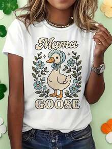 Casual T-Shirt For Mother's Day, Women's 'Mama Goose' Printed T-Shirt, Vintage Duck Design T-Shirt, Floral Print T-Shirt, Casual Short Sleeve Crew Neck, Cute Cottagecore Style Top, 100% Cotton, Durable - 白色 - 查看 7