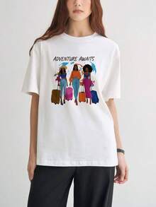 Premium Casual Women's T-Shirt. Adventure Is Calling. Travel Theme. Summer Outfit. Excellent Gift. . - Putih - View 6