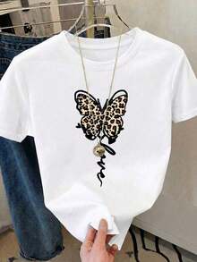 New Fashionable Women's Casual T-Shirt With Leopard And Butterfly Print, White, Short Sleeve And Round Neck, Made Of Pure Cotton, Regular Fit, Suitable For Everyday Wear - Unisex Cotton T-Shirt, Urban Vintage Style, Loose Fit, Short Sleeve And Round Neck. - 白色 - 查看 2