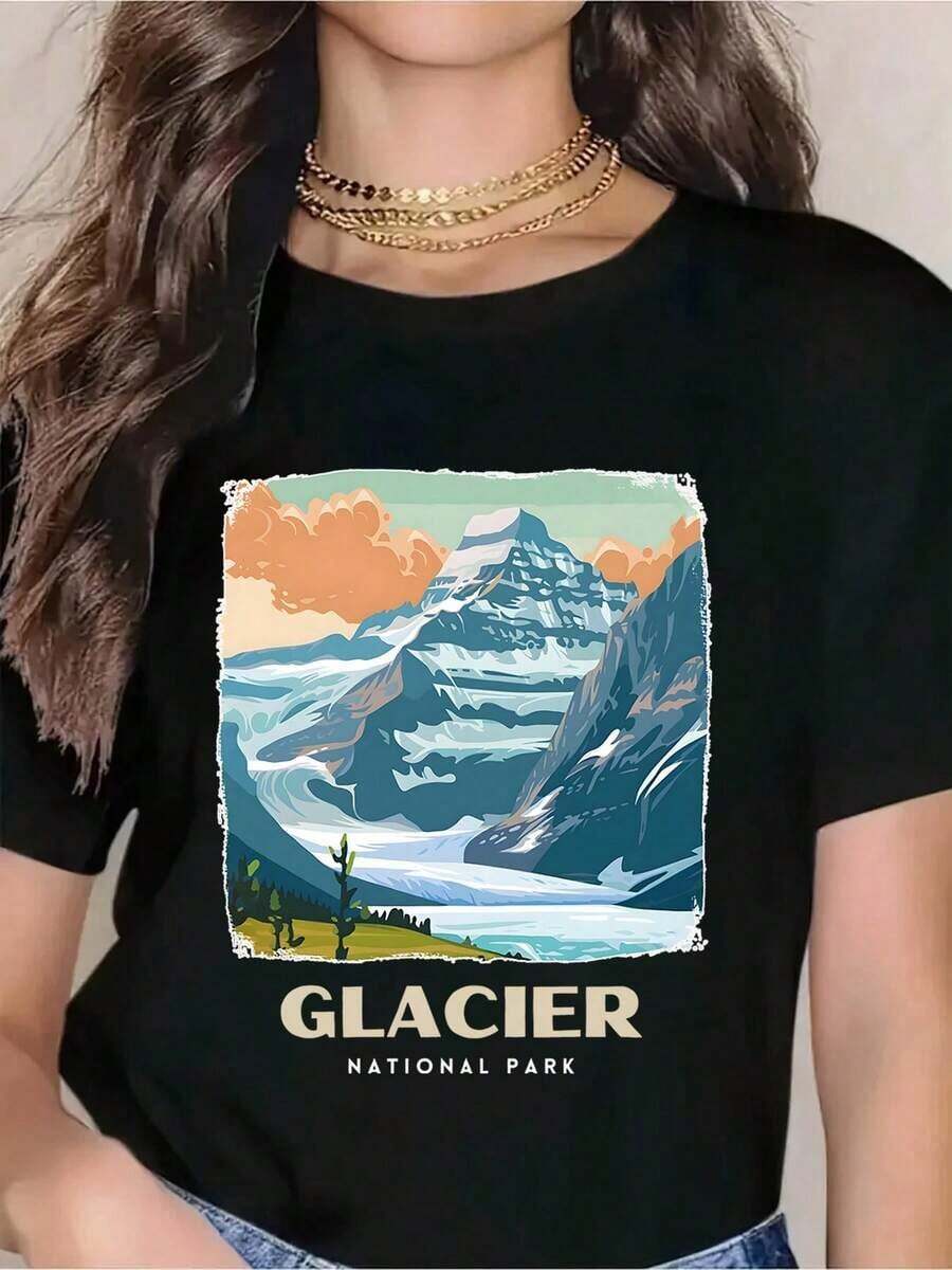 Premium Glacier National Park Women's/Unisex T-Shirt With Mountain Landscape Graphic, For Outdoor Adventures, Travel, Gift, Summer Casual Wear, Gift Idea - 黑色 - 查看 1