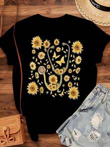 Women's Cotton Sunflower Stethoscope Nurse T-Shirt Medical Professional Flower Design Tee For Women Doctors Nurses Healthcare Workers Gift, Basic Women's Blouses - 黑色 - 查看 3