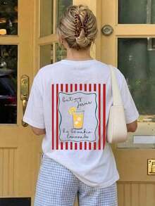 1 Piece Of Women's Short-Sleeved Round Neck T-Shirt With Cartoon Print Of Iced Lemonade And Vertical Stripes, Suitable For Summer, Beach, Street, Daily Wear, Work, Office Party, Going Out, Festival, Music Festival, Valentine's Day, Casual Party, White Color. - 白色 - 查看 7