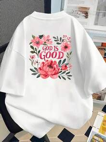 New 180gsm Short-Sleeved T-Shirt, 1% Cotton, With Floral Print On The Front And Back - God Is Good, Floral Design - Fashionable Printed T-Shirt For Women, Your Best Choice! - Suitable For Layering In Spring And Autumn, And For Wearing Alone In Summer, Unisex Style. - White - View 2