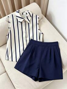 Bộ đồ hai mảnh phong cách Bohemian dành cho nữ, gồm áo không tay kẻ sọc và quần short, chất liệu hơi xuyên thấu, không co giãn. - Màu xanh hải quân - Xem 1