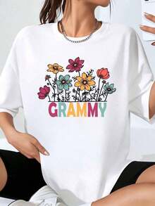 Women's Oversized T-Shirt With Floral Grammy Design, Casual Summer Top With Colorful Flower Print, Loose And Comfortable Fit, Streetwear Style - 白色 - 查看 7