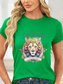 Simple And Versatile Design Women's Shirts T-Shirt With Colorful Lion Print And The Text "Daughter Of The King 2 Corinthians 6:18" For Daily Use And Casual Occasions. 100% Cotton Women's Anime & Cartoon T-Shirt, Soft Fabric, Lightweight Cotton T-Shirt - 綠色 - 查看 6