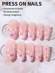 30片长杏仁花美甲贴纸，法式亚克力假指甲套装，包含1张双面胶贴和1个指甲锉，花卉美甲 - 彩色 - 查看 4