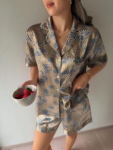 2pcs/Set Summer Leopard Print Women's Short Sleeve Top And Shorts Pajama Set - Gold - View 2