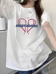 Modern And Minimalist Korean-Inspired Women's T-Shirt With Broken Heart And Pink Heart Print - Loose-Fitting White Summer T-Shirt With "Heartbreak" Text, Made Of Fabric, Short Sleeves, Casual, Suitable For Casual Outfits (Heartbeat Design) For Everyday Wear. - 白色 - 查看 7