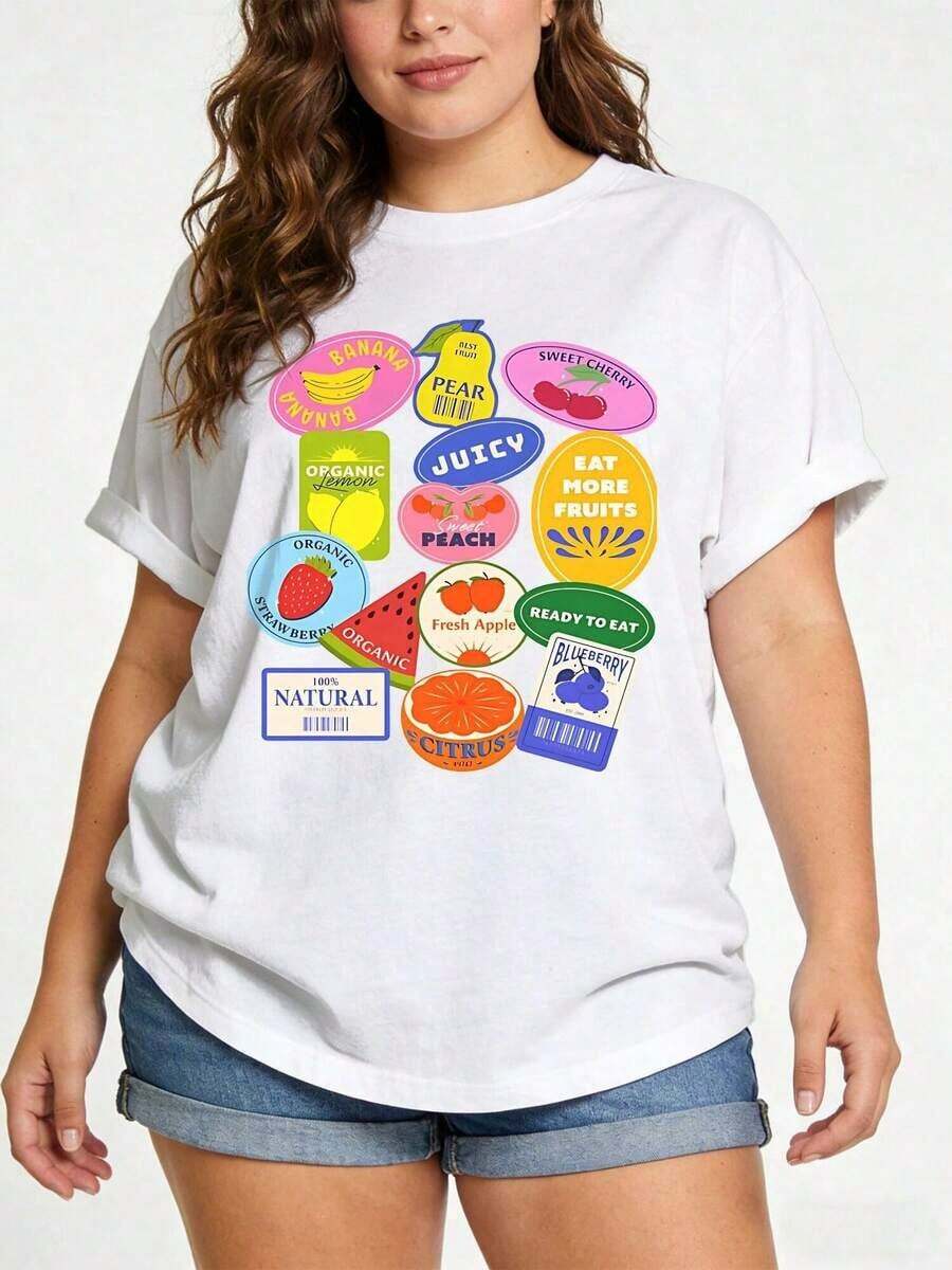Women's Casual Summer T-Shirt With Fruit Print, Relaxed Fit, Round Neck, Short Sleeve, Soft, Suitable For Mothers, Casual Daily Wear And As A Birthday Gift, Fashionable And Attractive Women's Clothing. - 白色 - 查看 1