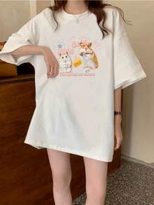 Women's Cotton T-Shirts With Round Neck, Casual Short Sleeve, Unique Design Print, New Summer Collection, Loose Fit, Slimming Top For Students, Simple T-Shirt For Everyday Wear. - 黑色 - 查看 6