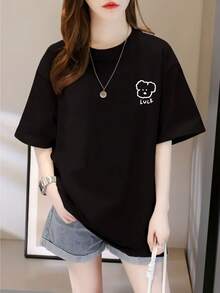 Women's Casual Cotton Crew Neck T-Shirt - Cartoon Cloud Print And LUCKY Pattern, Loose Fit Crew Neck Casual Top, Breathable, Machine Washable For All Seasons, Women's Summer Clothing, Unique Print T-Shirt, Comfortable Fabric, Loose Fit, Modern Design, Lightweight Style, Fashionable Top. Simple T-Shirt For Everyday Wear. - 黑色 - 查看 7