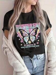 Women's Plus-Size Printed Short-Sleeve Crew Neck T-Shirt, Breathable And Perfect For Summer. This Casual, Butterfly-Print T-Shirt Is Ideal For Spring, Summer, And Fall. Suitable For Year-Round Wear, It's Simple, Makes A Great Gift, And Is Perfect For Everyday Wear, Especially During The Cool Summer Months. - [] - 查看 1